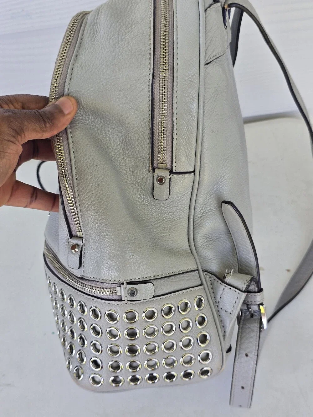 Michael Kors Gray Leather Grommet Studded Backpack Silver Hardware 12x13